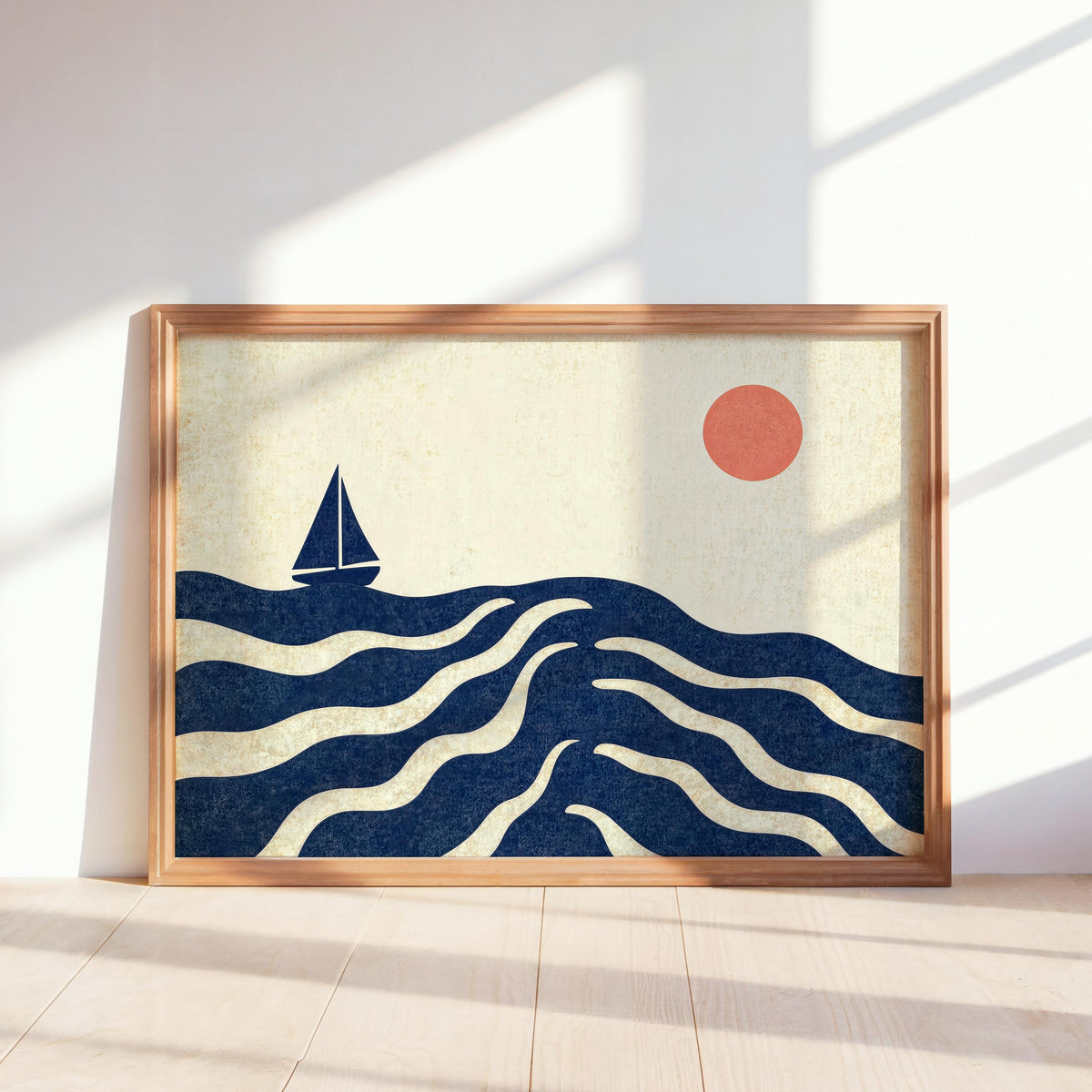 Sailboat on Ocean Print, Abstract Nautical Poster, Blue Wave Artwork, Coastal Summer Wall Art, Retro Seaside Illustration, Beach House Gift