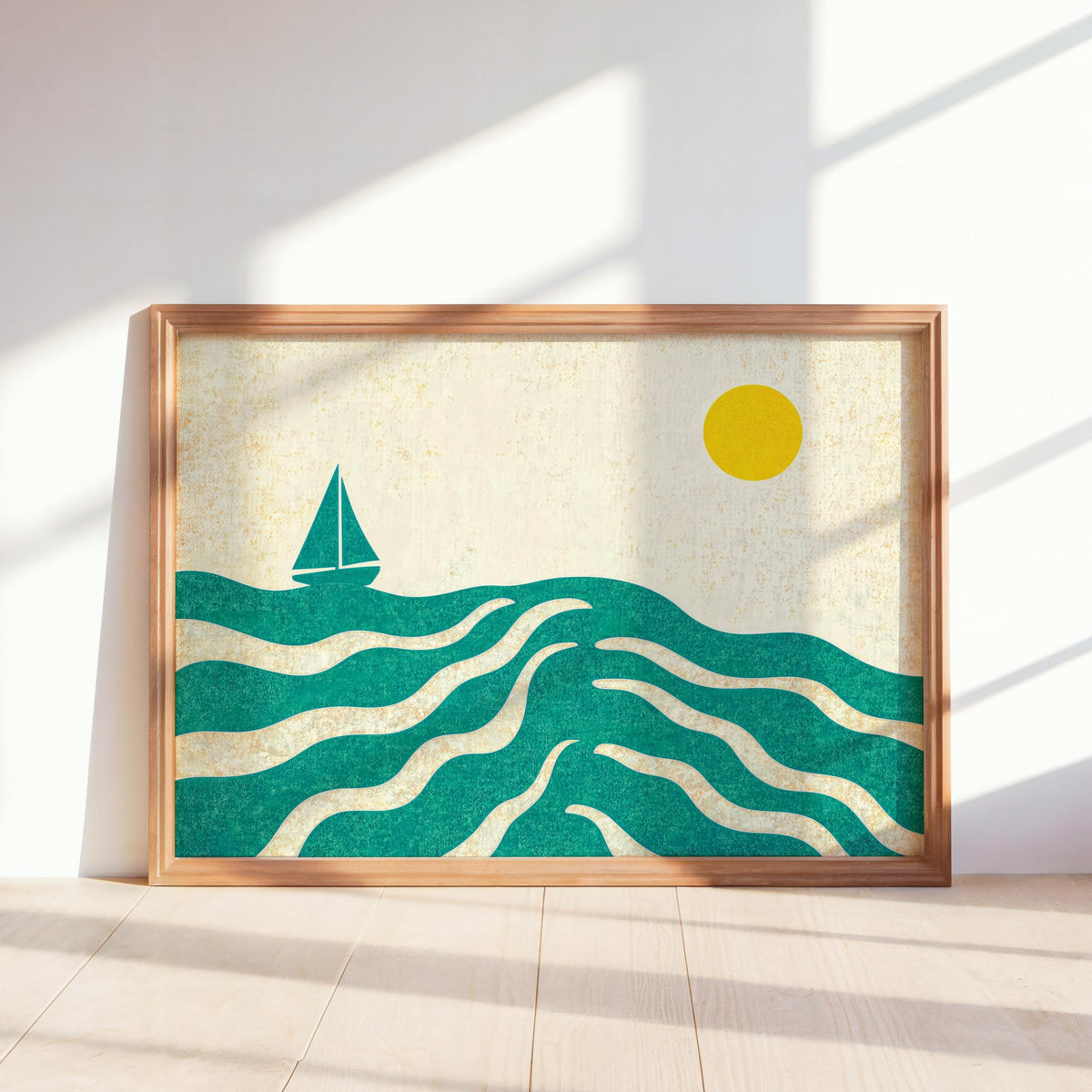 Sailboat on Ocean Print, Abstract Nautical Poster, Blue Wave Artwork, Coastal Summer Wall Art, Retro Seaside Illustration, Beach House Gift
