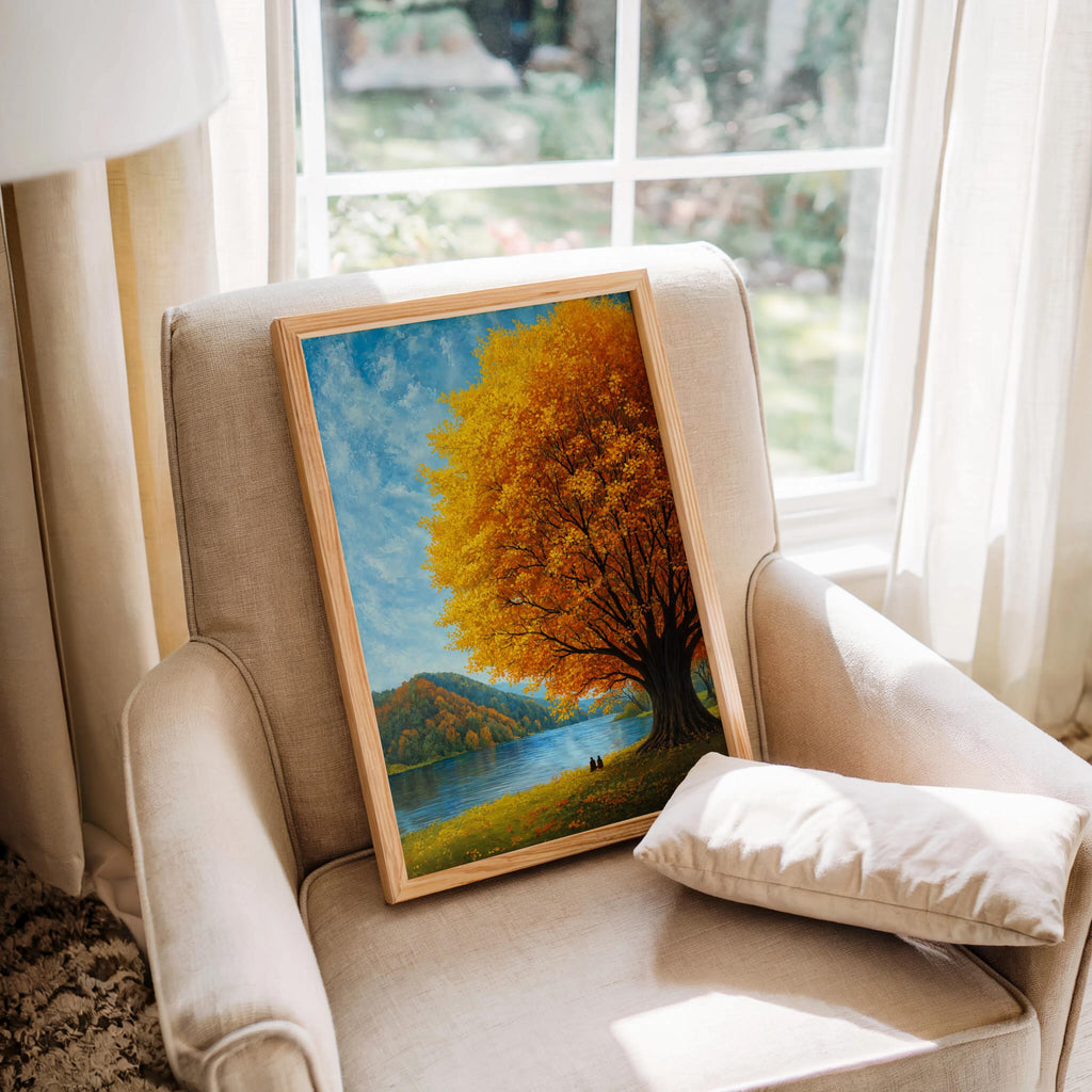 Autumn Landscape Wall Art, Fall Tree by the Lake, Scenic Nature Print, Cozy Cabin Decor, Woodland Artwork, Peaceful Living Room Art