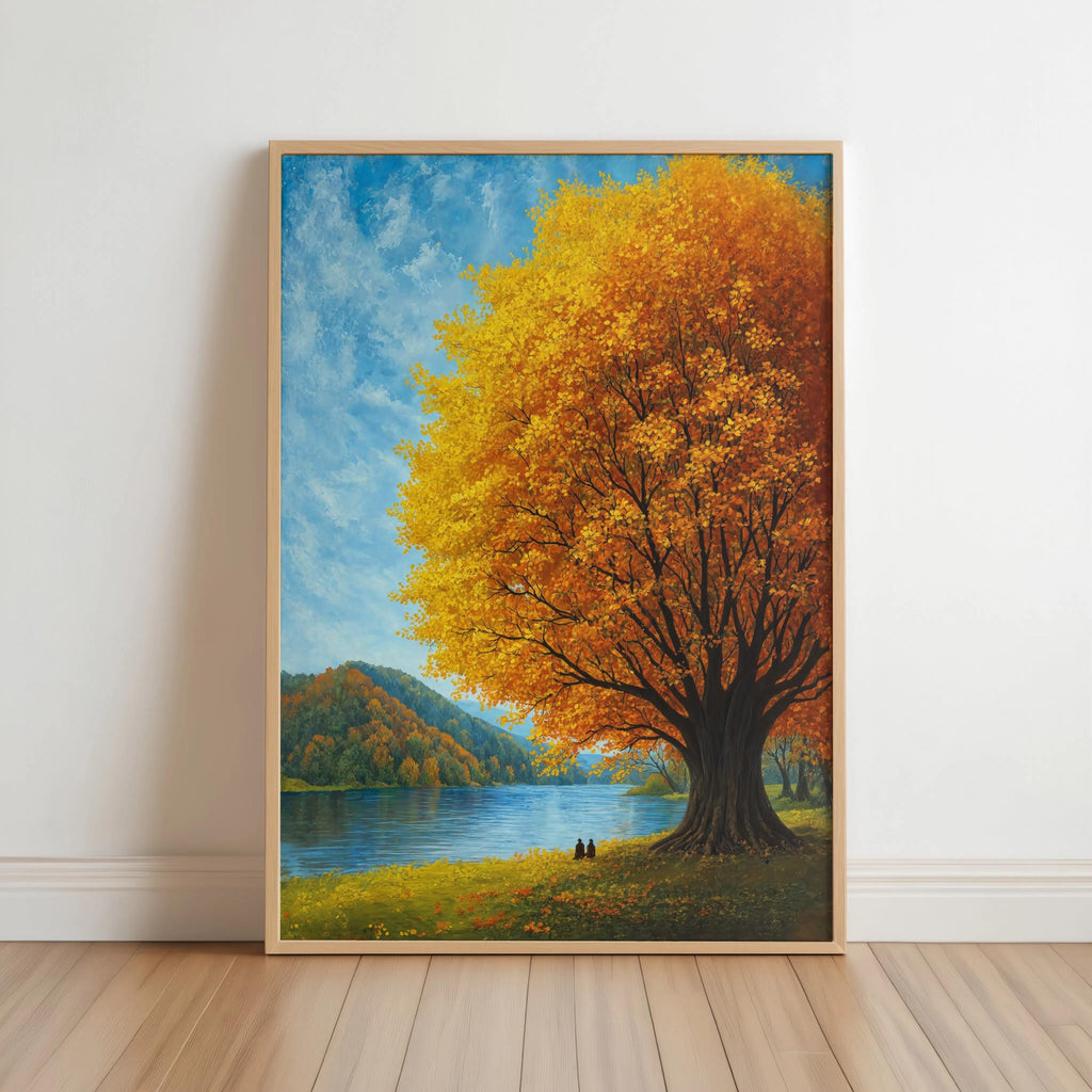 Autumn Landscape Wall Art, Fall Tree by the Lake, Scenic Nature Print, Cozy Cabin Decor, Woodland Artwork, Peaceful Living Room Art
