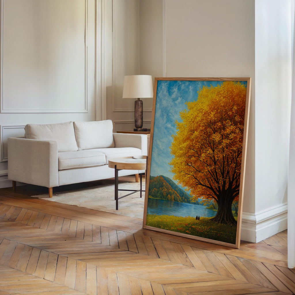 Autumn Landscape Wall Art, Fall Tree by the Lake, Scenic Nature Print, Cozy Cabin Decor, Woodland Artwork, Peaceful Living Room Art