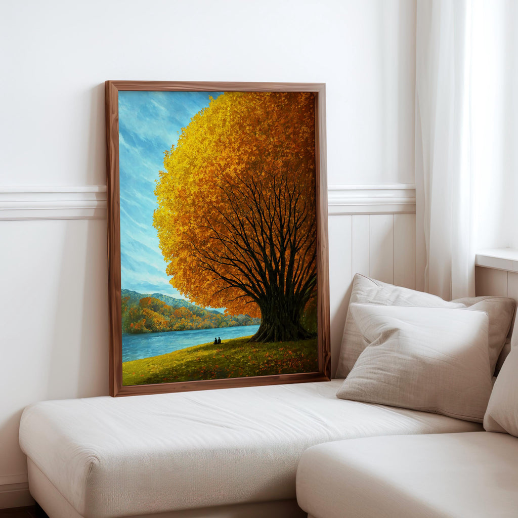 Autumn tree lake wall art resting beside a sofa with pillows, cozy cottage wall art showing vivid blue lake and gold leaves