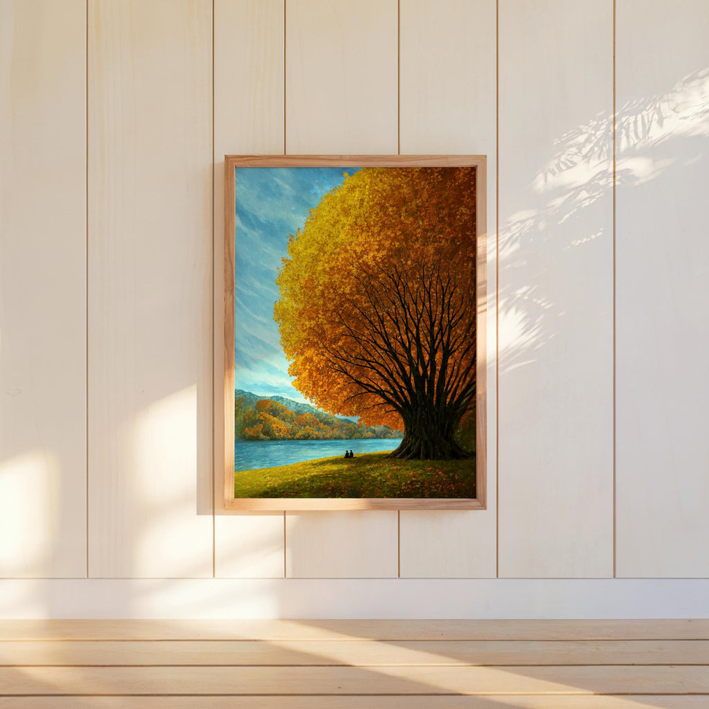 Autumn tree lake wall art hung on white vertical panels, cozy cottage wall art vibe, glowing golden foliage over blue water