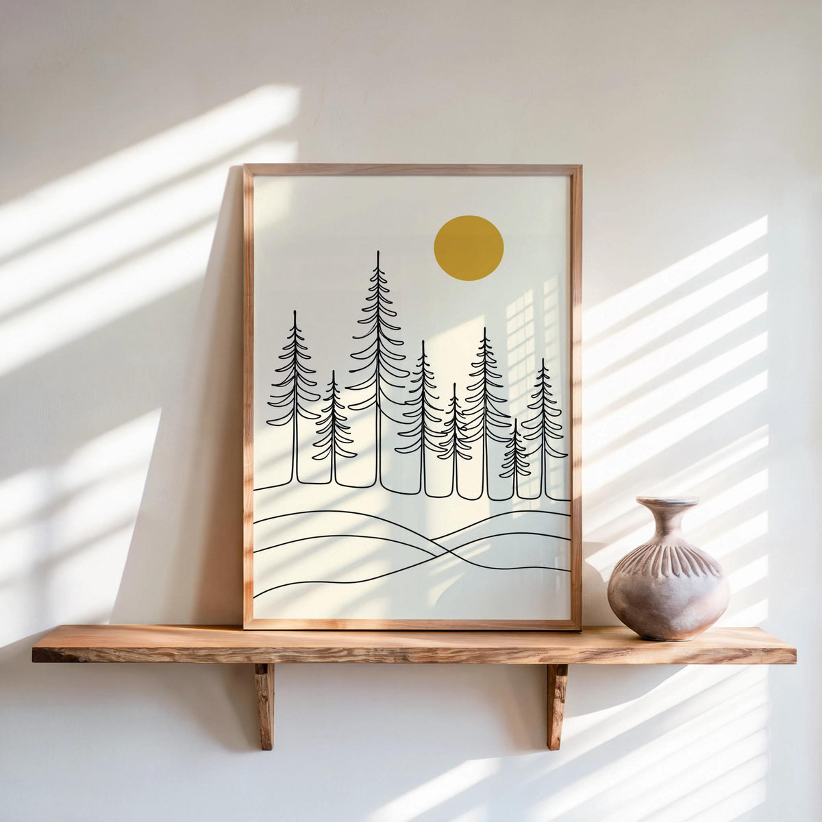 Minimalist Pine Forest Print, Scandinavian Landscape Art, Nordic Wall Decor, Modern Nature Line Drawing, Neutral Home Japandi Sun Print