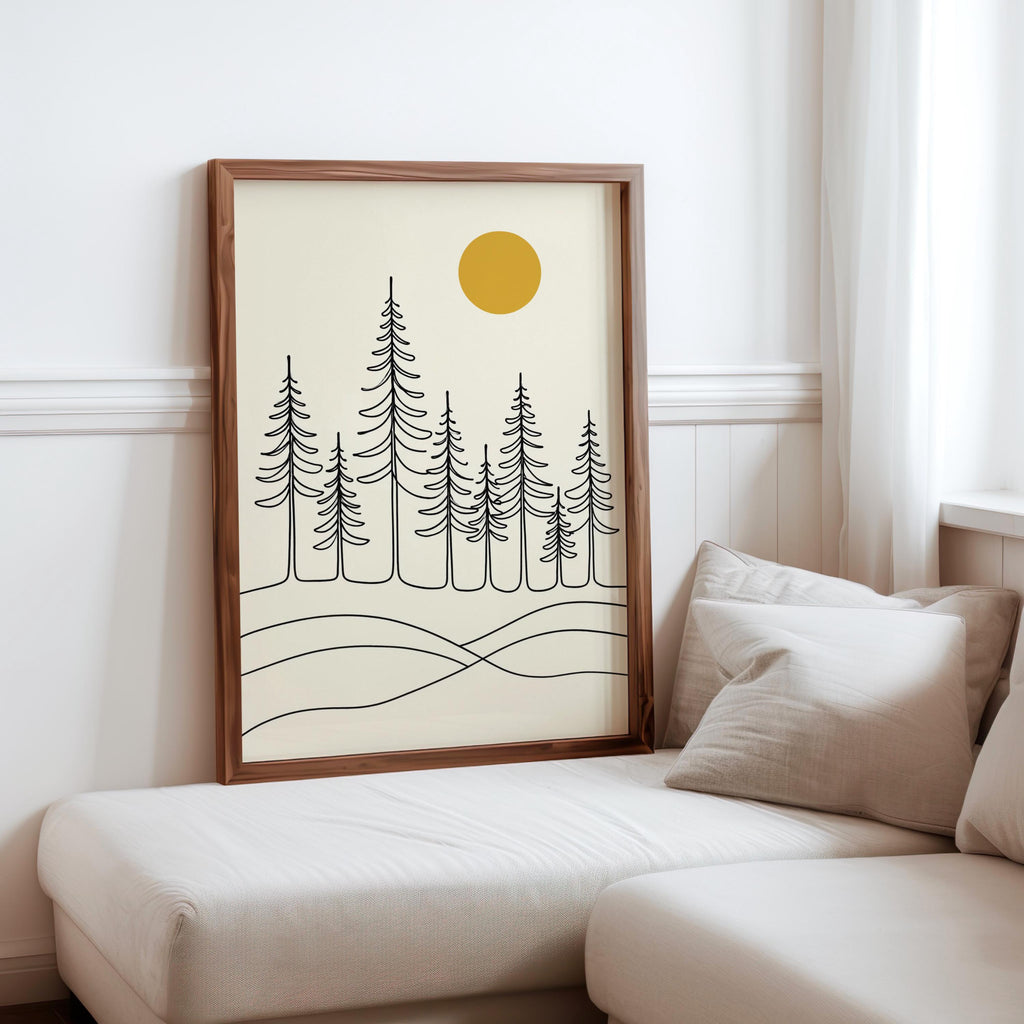 Minimalist Pine Forest Print, Scandinavian Landscape Art, Nordic Wall Decor, Modern Nature Line Drawing, Neutral Home Japandi Sun Print