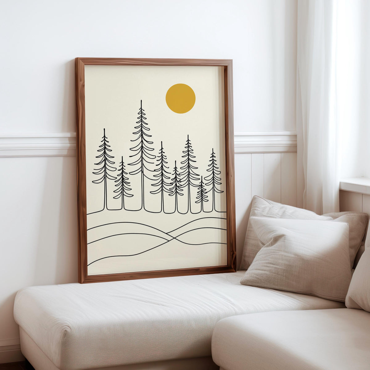Minimalist Pine Forest Print, Scandinavian Landscape Art, Nordic Wall Decor, Modern Nature Line Drawing, Neutral Home Japandi Sun Print