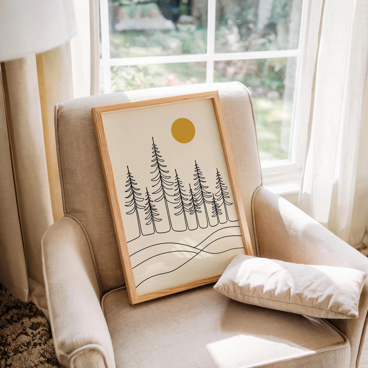 Minimalist Pine Forest Print, Scandinavian Landscape Art, Nordic Wall Decor, Modern Nature Line Drawing, Neutral Home Japandi Sun Print