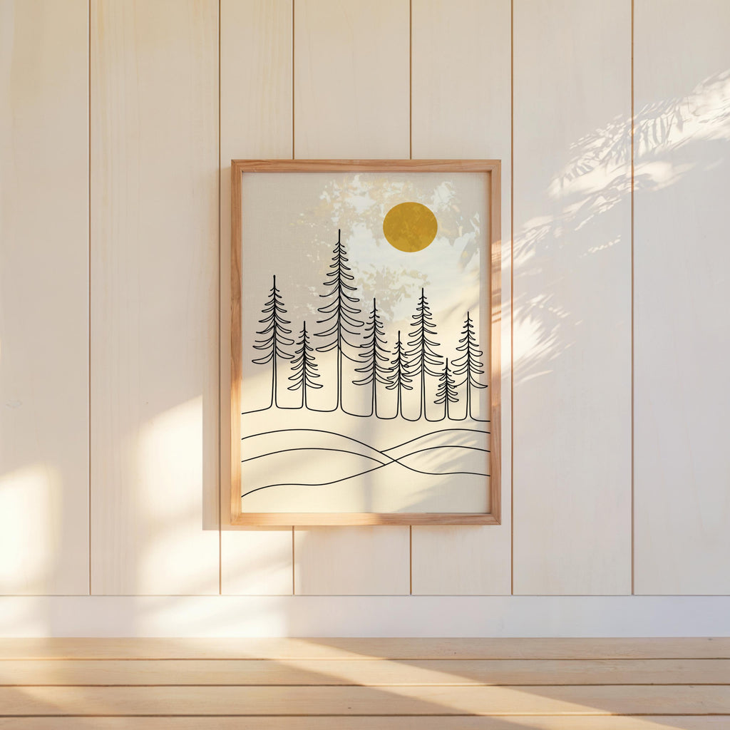 Minimalist Pine Forest Print, Scandinavian Landscape Art, Nordic Wall Decor, Modern Nature Line Drawing, Neutral Home Japandi Sun Print