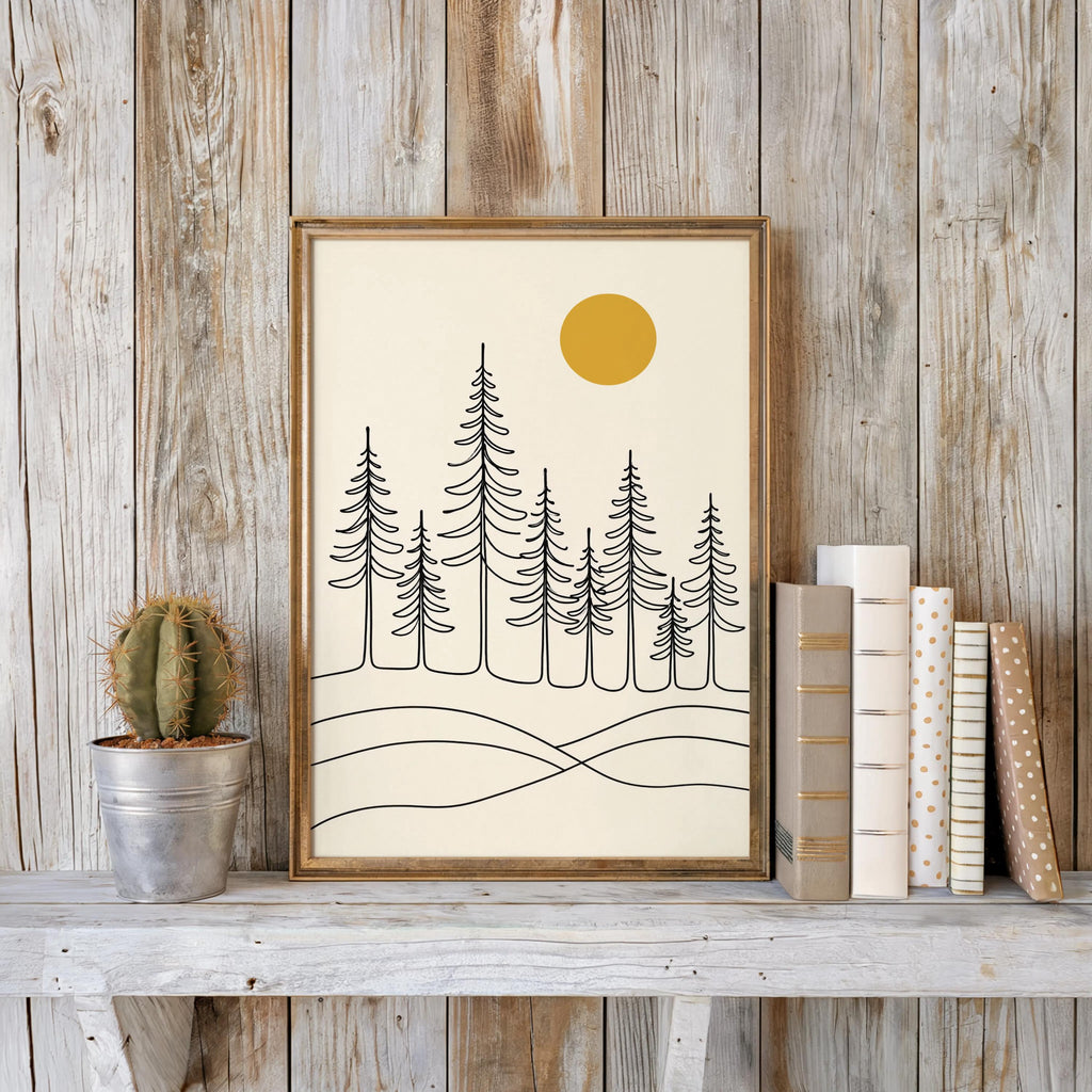 Minimalist Pine Forest Print, Scandinavian Landscape Art, Nordic Wall Decor, Modern Nature Line Drawing, Neutral Home Japandi Sun Print