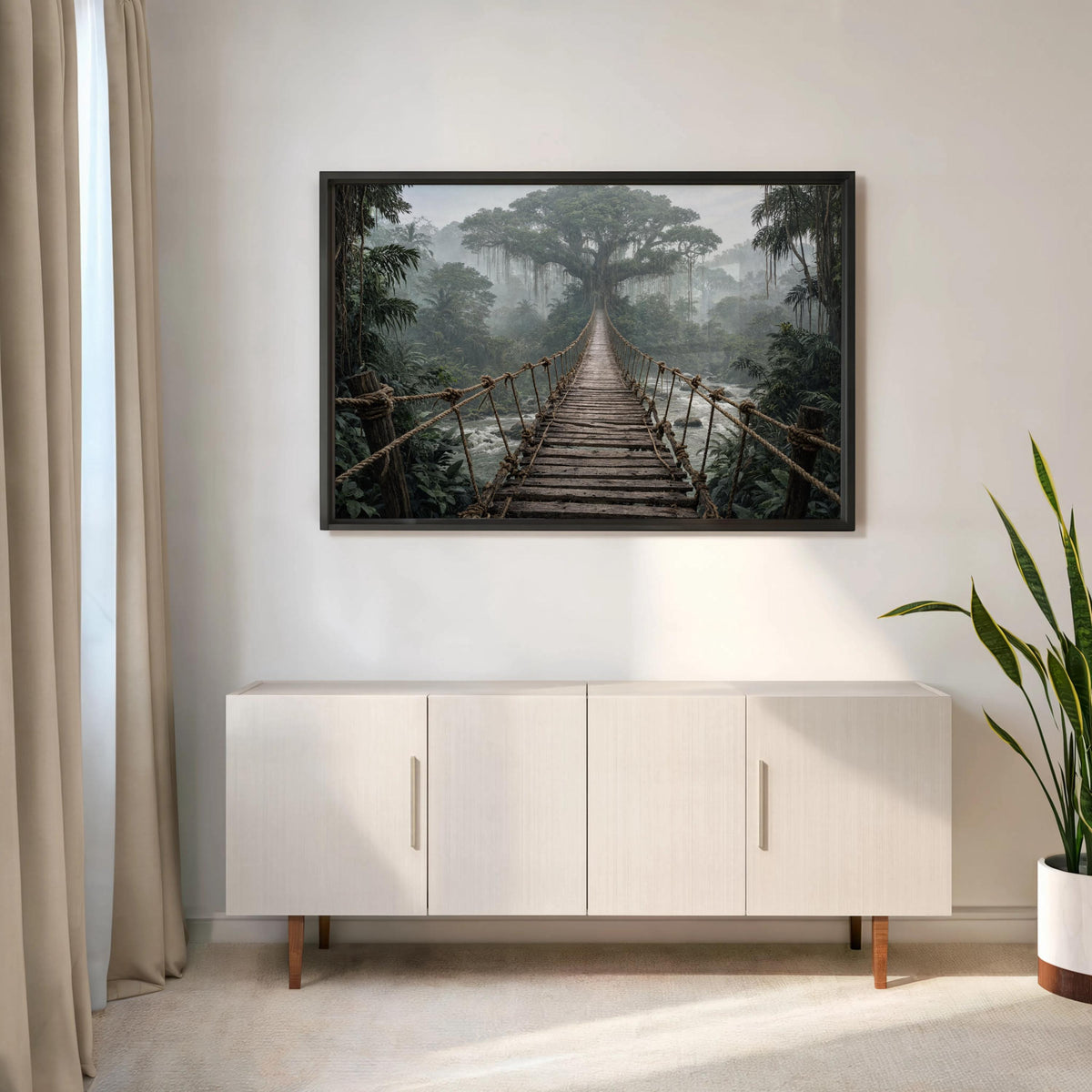 Mounted above a modern sideboard, the jungle bridge print brings moody nature wall art to the room.