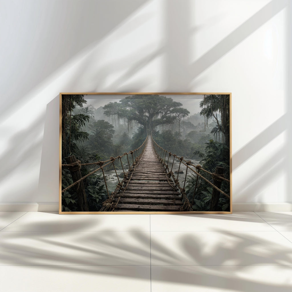 Low-hung suspension bridge poster on sunlit wall, palm leaf shadows add a moody tropical jungle vibe.