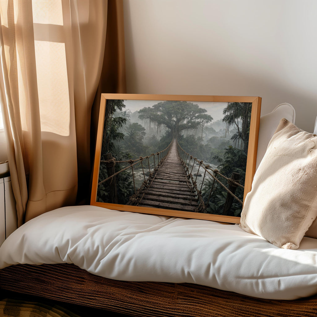 Propped on a bedroom bench with textured pillows, foggy forest wall art creating a cozy travel-inspired nook.