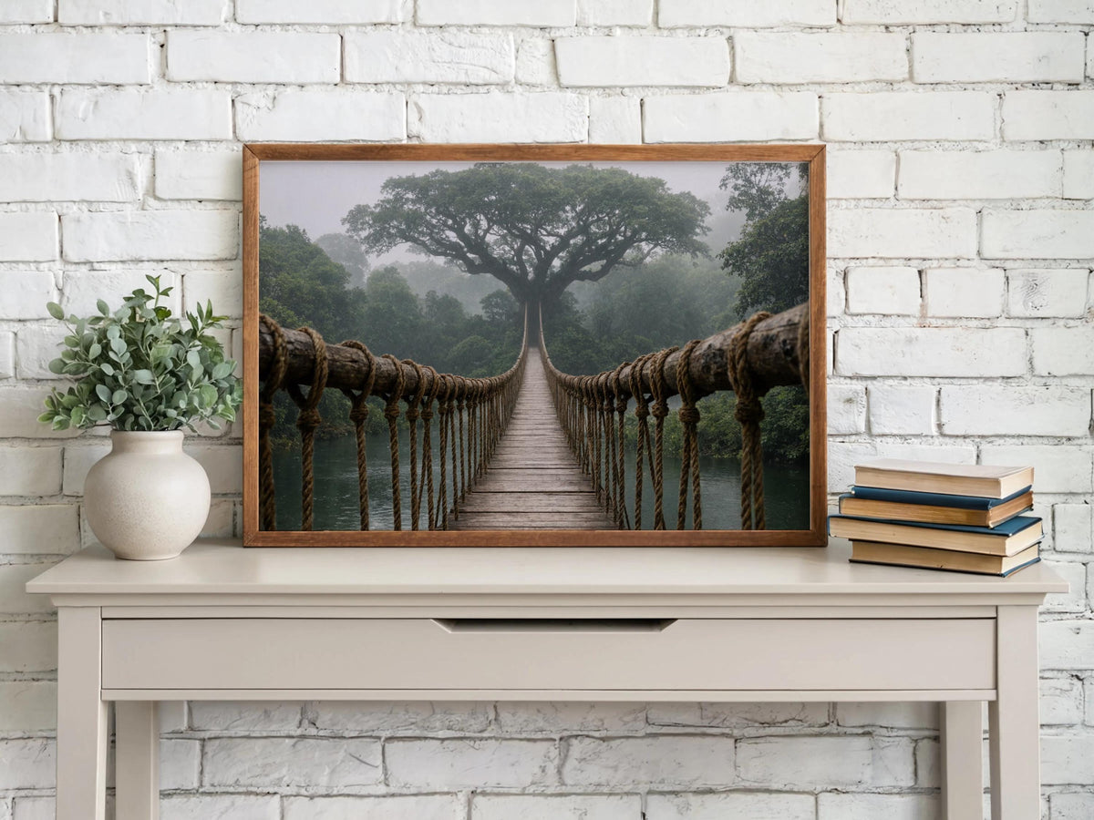 Misty Jungle Suspension Bridge Print, Rainforest Woodland Wall Art, Tropical Forest Landscape Poster, Nature Travel Adventure Decor
