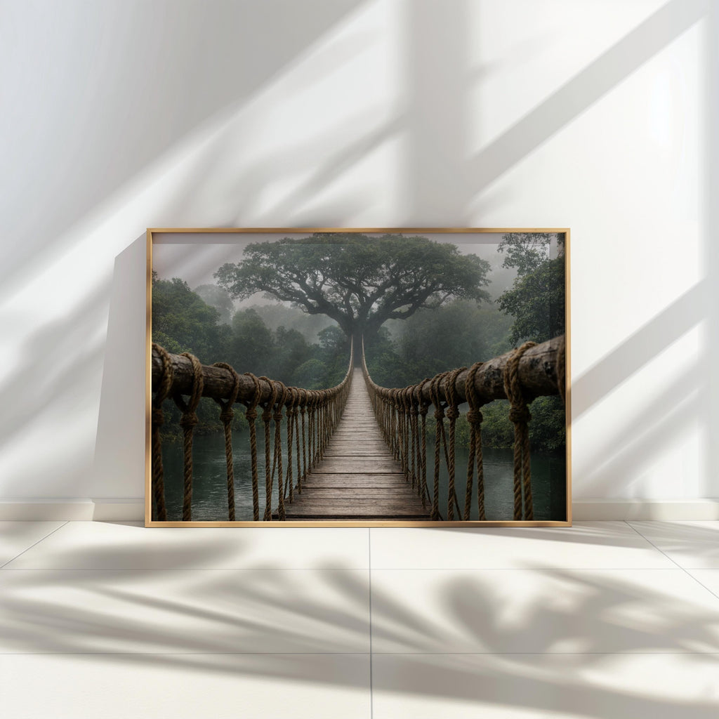 Misty Jungle Suspension Bridge Print, Rainforest Woodland Wall Art, Tropical Forest Landscape Poster, Nature Travel Adventure Decor