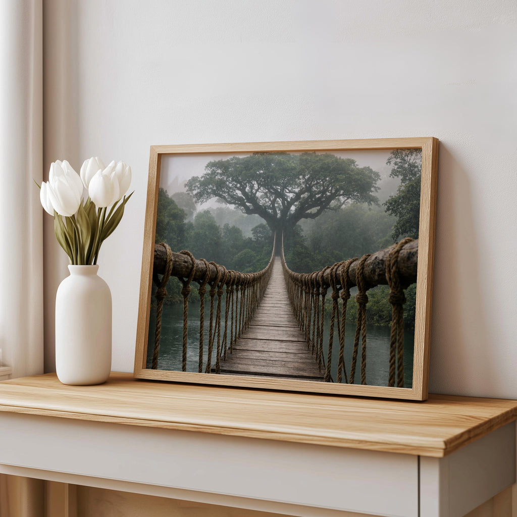Misty Jungle Suspension Bridge Print, Rainforest Woodland Wall Art, Tropical Forest Landscape Poster, Nature Travel Adventure Decor