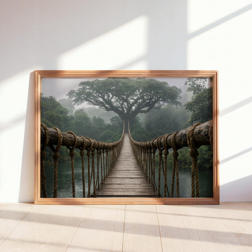 Misty Jungle Suspension Bridge Print, Rainforest Woodland Wall Art, Tropical Forest Landscape Poster, Nature Travel Adventure Decor