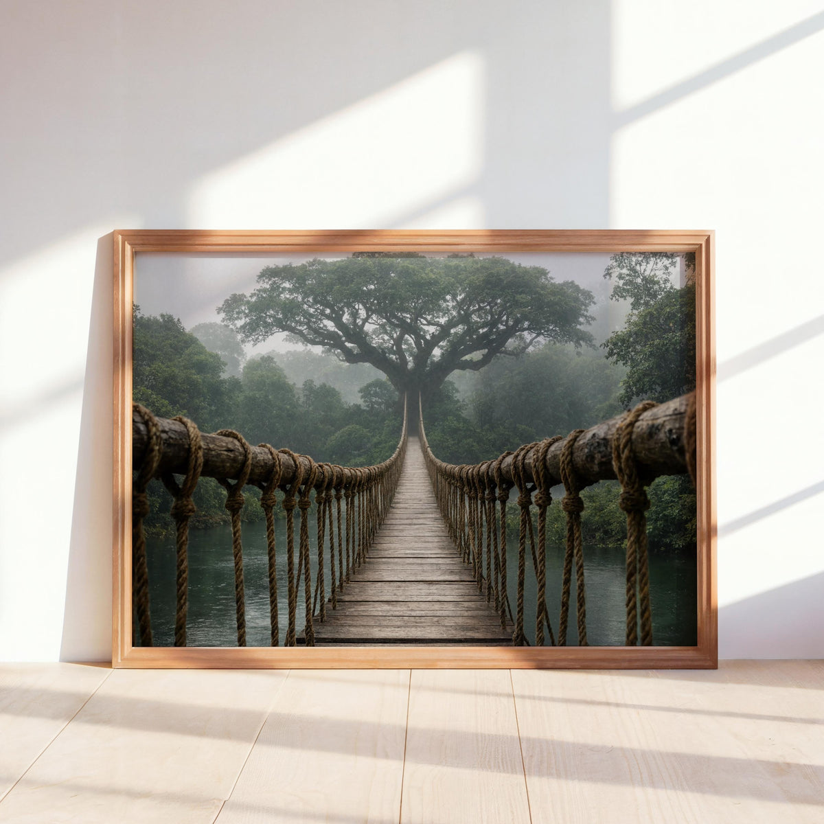 Misty Jungle Suspension Bridge Print, Rainforest Woodland Wall Art, Tropical Forest Landscape Poster, Nature Travel Adventure Decor