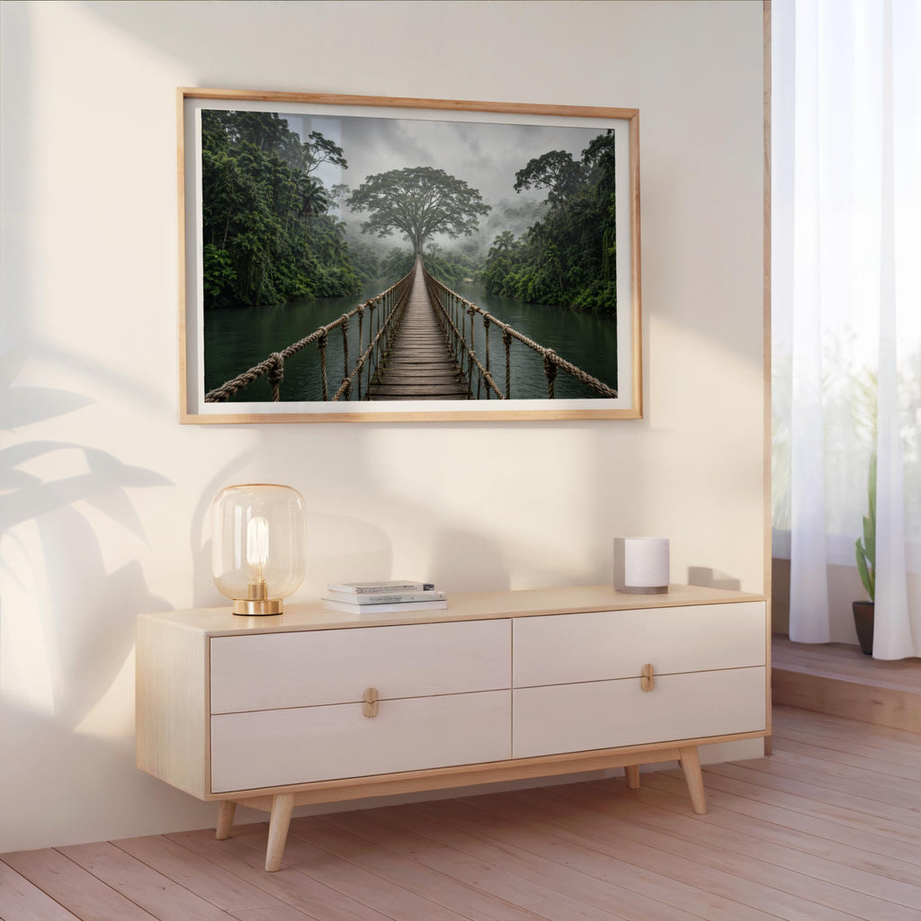 Tropical Jungle Wall Art, Rope Bridge Landscape, Rainforest Photography Print, Exotic Wilderness Decor, Travel Lover Present, Scenic Artwork
