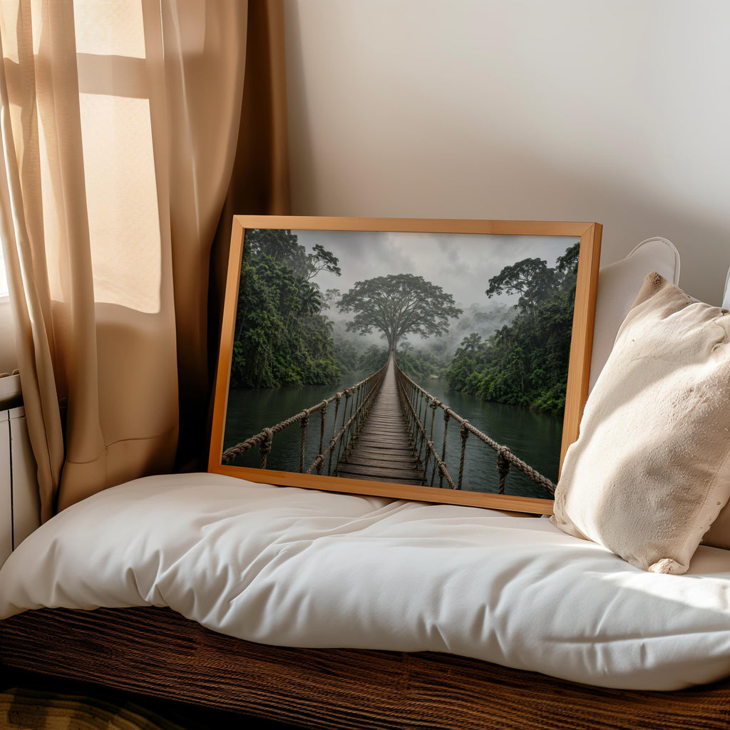 Tropical Jungle Wall Art, Rope Bridge Landscape, Rainforest Photography Print, Exotic Wilderness Decor, Travel Lover Present, Scenic Artwork