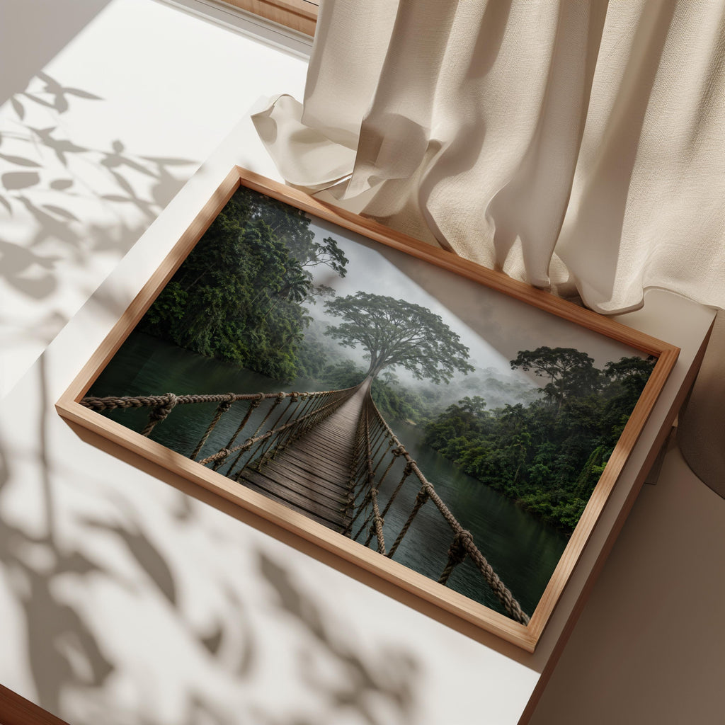 Tropical Jungle Wall Art, Rope Bridge Landscape, Rainforest Photography Print, Exotic Wilderness Decor, Travel Lover Present, Scenic Artwork
