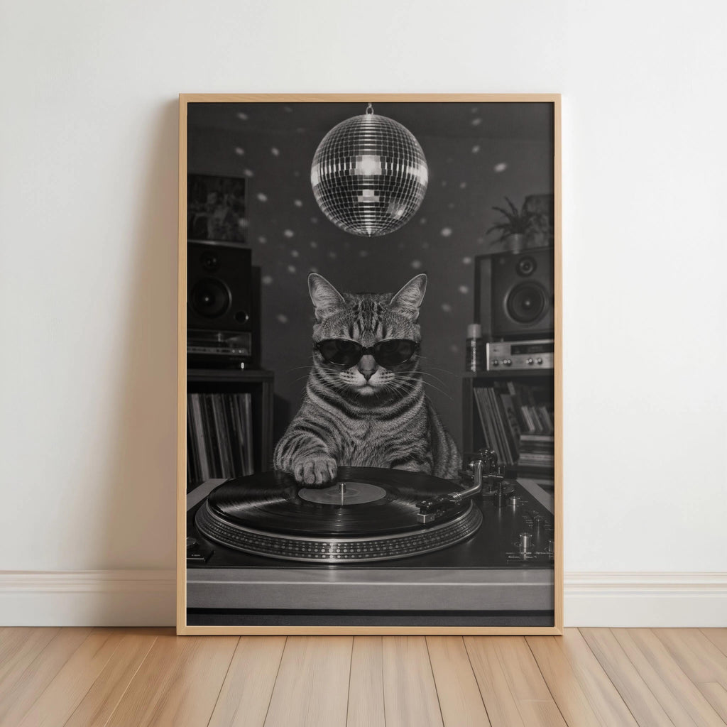 DJ Cat Vinyl Wall Art, Funny Retro Music Room Decor, Record Player Turntable Print, Disco Ball Poster, Animal Lover Gift