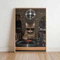 DJ Cat Vinyl Wall Art, Funny Retro Music Room Decor, Record Player Turntable Print, Disco Ball Poster, Animal Lover Gift