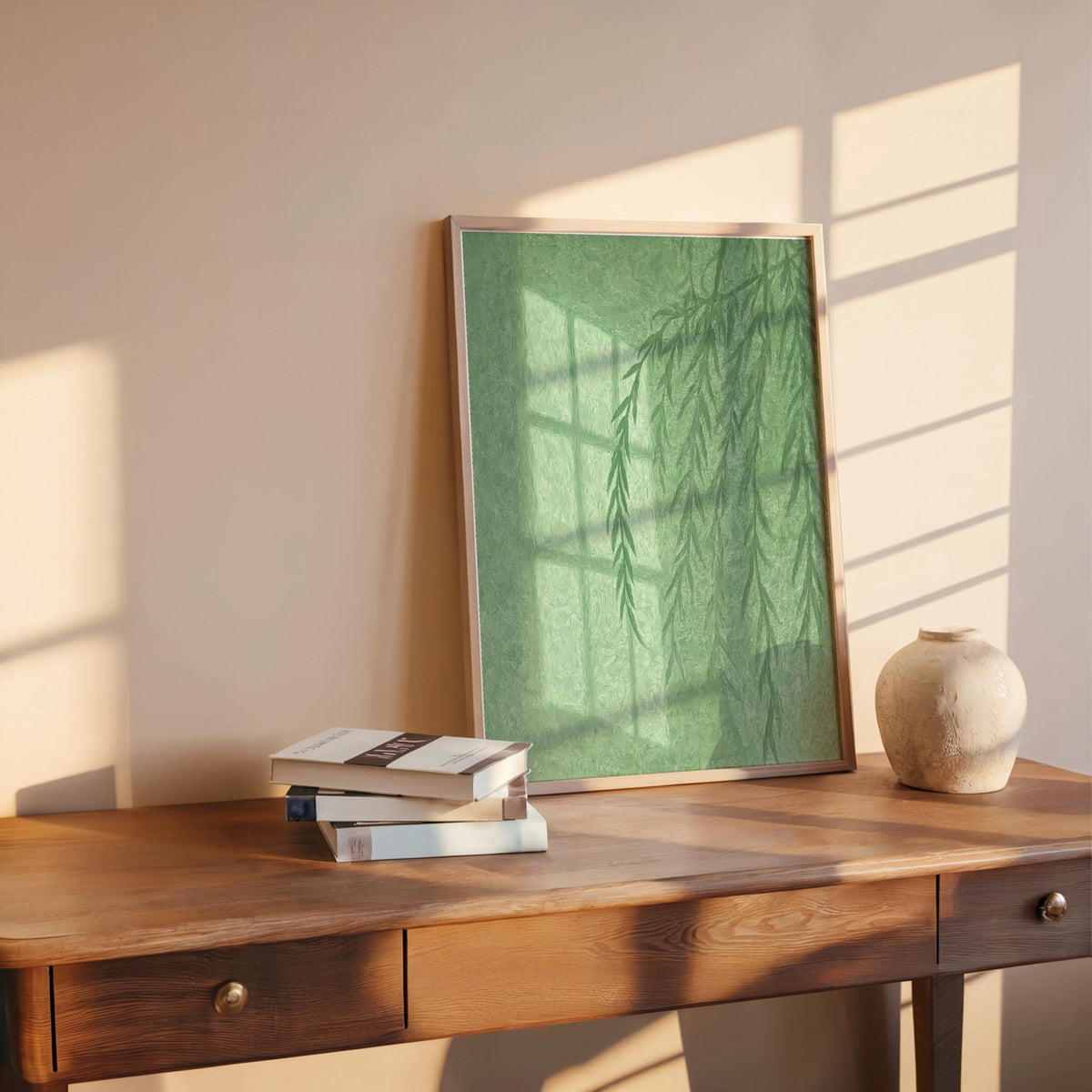 Willow Tree Shadow Wall Art, Golden Hour Light Botanical Window Print, Warm Minimalist Painting, Sunshine Silhouette Poster, Cozy Home Decor