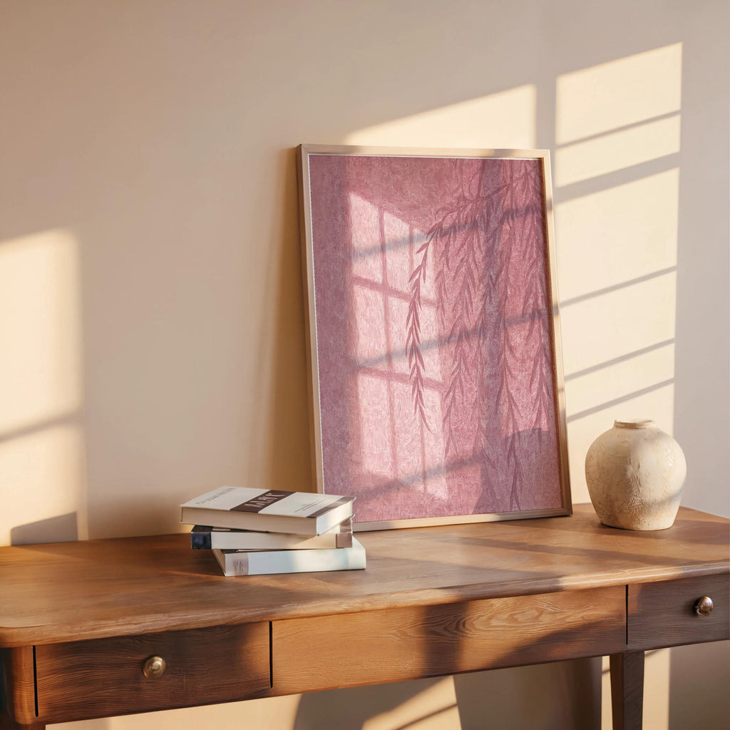 Willow Tree Shadow Wall Art, Golden Hour Light Botanical Window Print, Warm Minimalist Painting, Sunshine Silhouette Poster, Cozy Home Decor