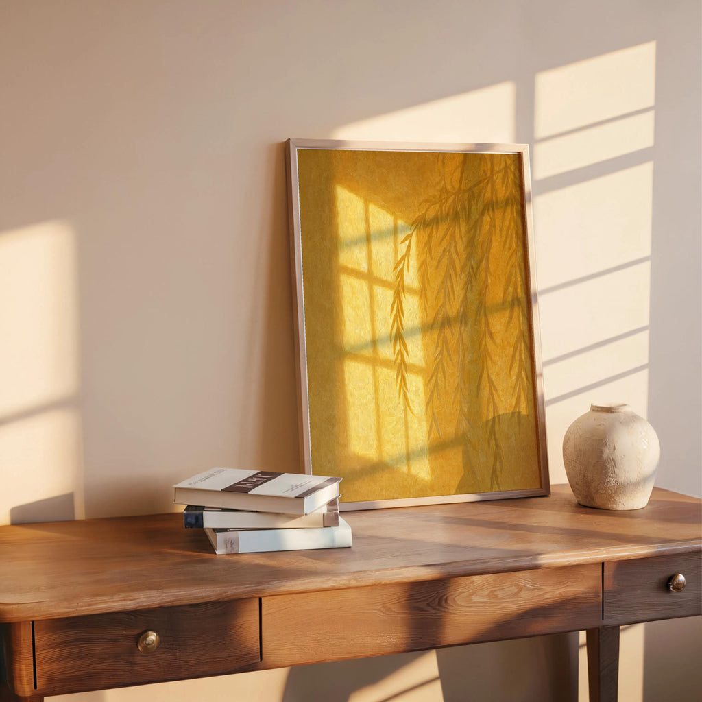 Willow Tree Shadow Wall Art, Golden Hour Light Botanical Window Print, Warm Minimalist Painting, Sunshine Silhouette Poster, Cozy Home Decor