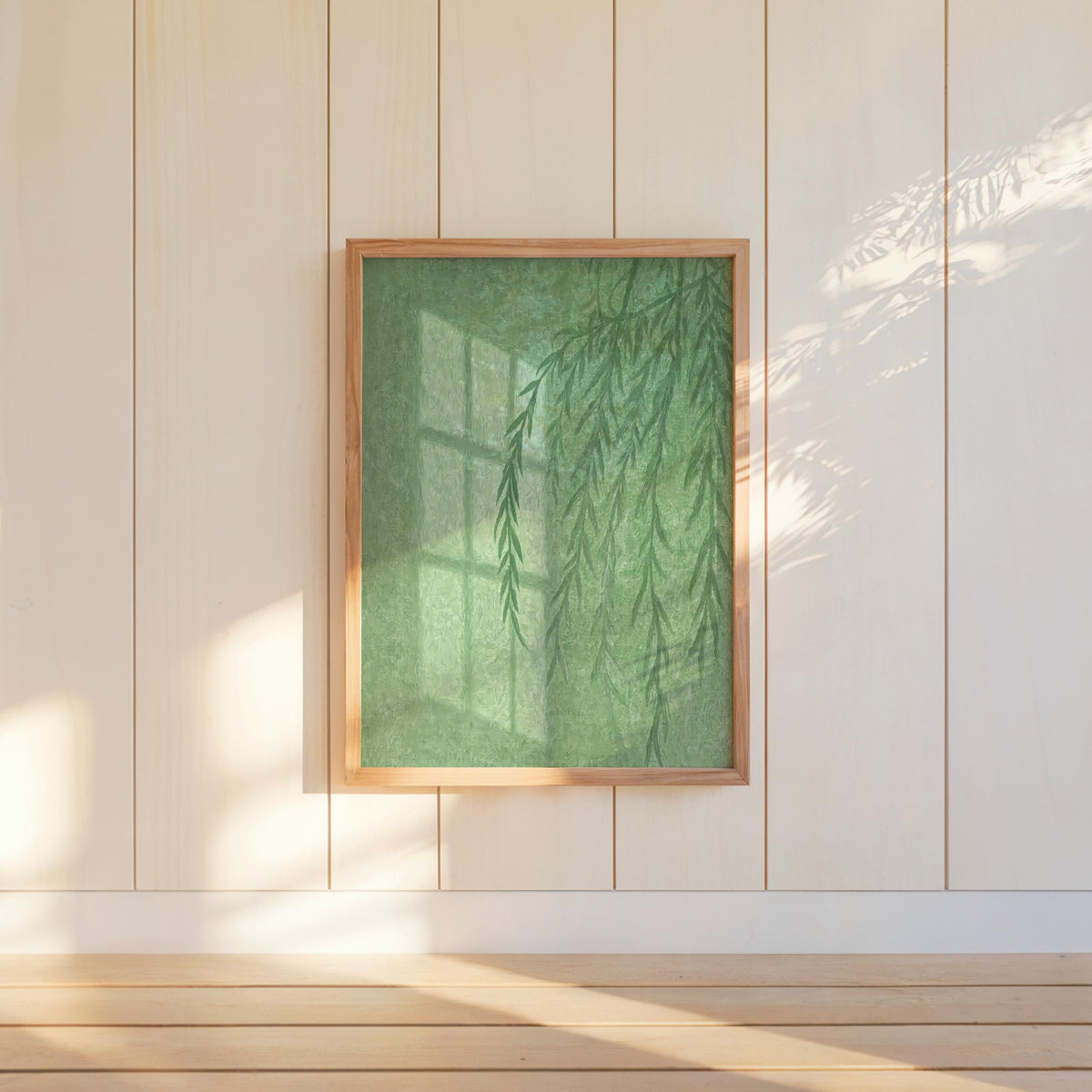 Willow Tree Shadow Wall Art, Golden Hour Light Botanical Window Print, Warm Minimalist Painting, Sunshine Silhouette Poster, Cozy Home Decor