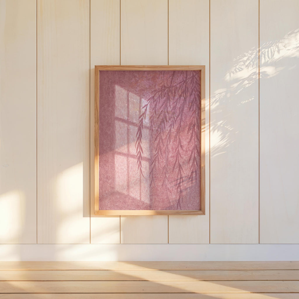 Willow Tree Shadow Wall Art, Golden Hour Light Botanical Window Print, Warm Minimalist Painting, Sunshine Silhouette Poster, Cozy Home Decor
