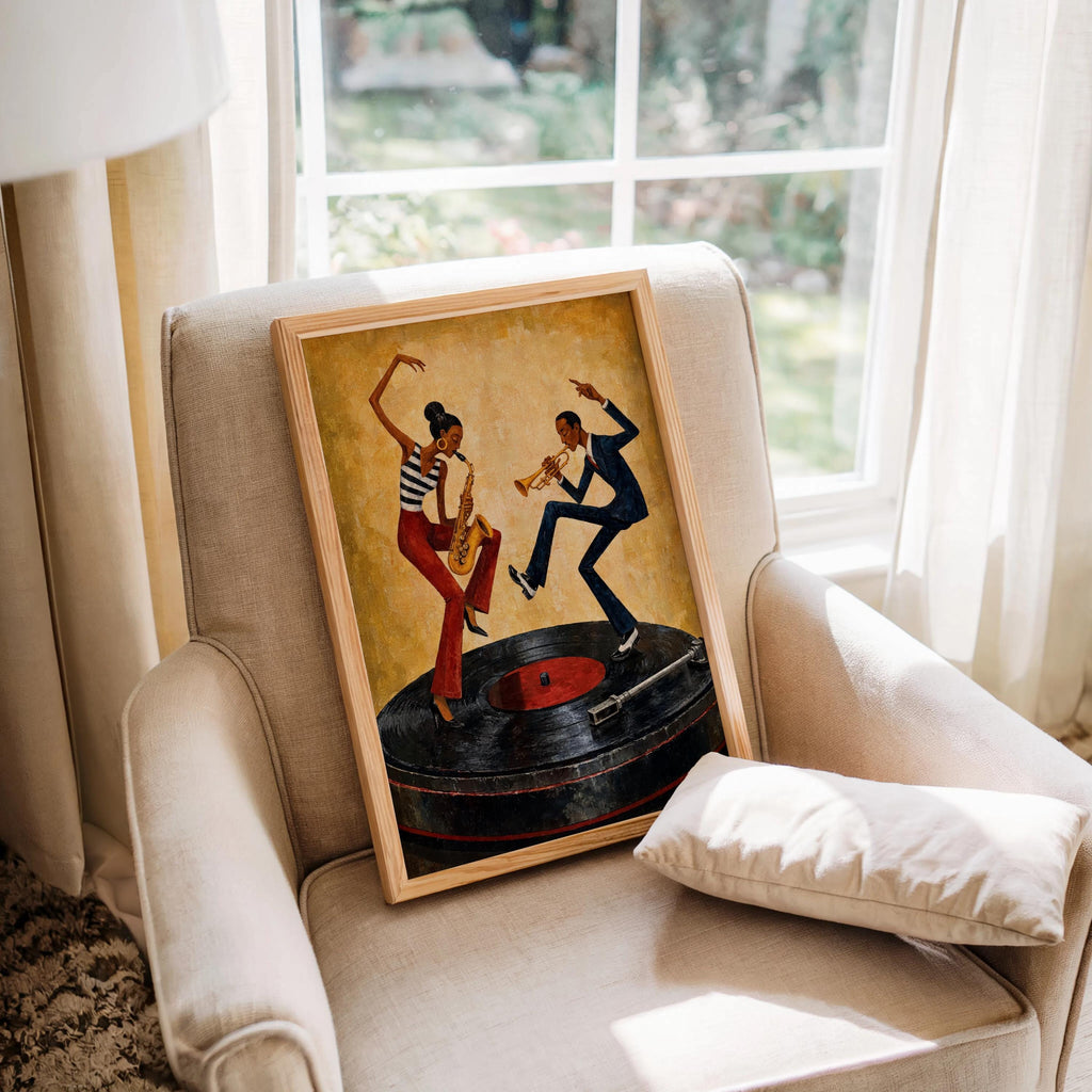 Dancing Couple Wall Decor, African American Music Art, Vinyl Record Player Painting, Afrocentric Retro Jazz Illustration, Vibrant Bar Decor