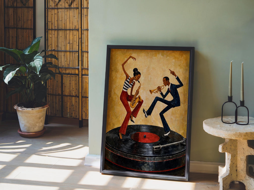 Dancing Couple Wall Decor, African American Music Art, Vinyl Record Player Painting, Afrocentric Retro Jazz Illustration, Vibrant Bar Decor