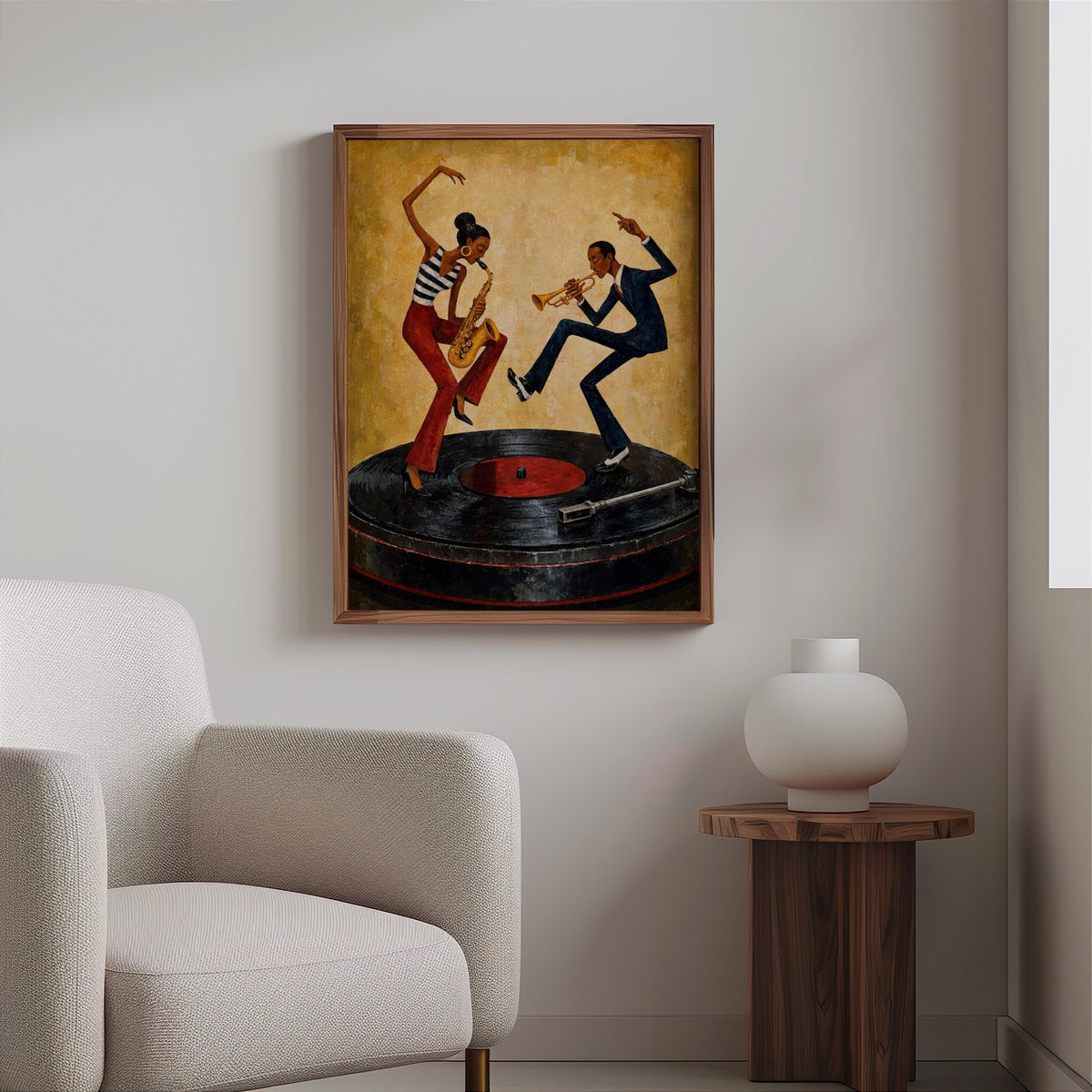 Dancing Couple Wall Decor, African American Music Art, Vinyl Record Player Painting, Afrocentric Retro Jazz Illustration, Vibrant Bar Decor