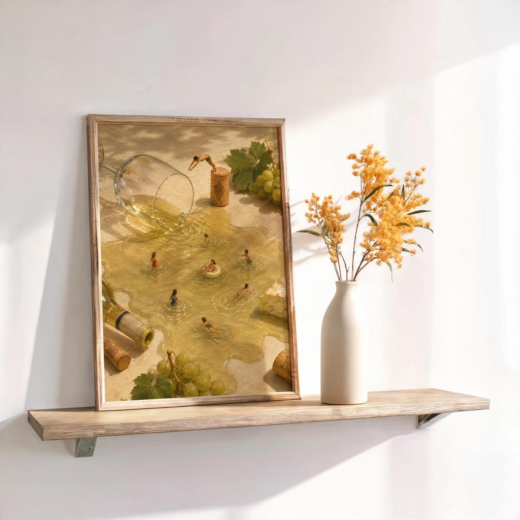 Surreal wine wall art framed on a floating shelf, sunlight and a vase with yellow blooms, warm vintage wine pool print