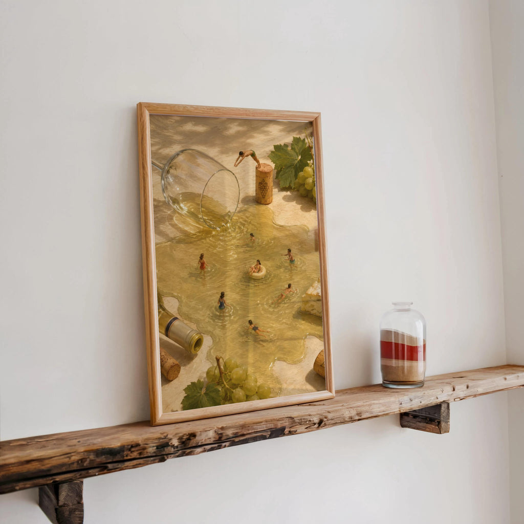 Framed vintage wine poster resting on a narrow wood ledge, neutral decor, surreal wine wall art with tiny people