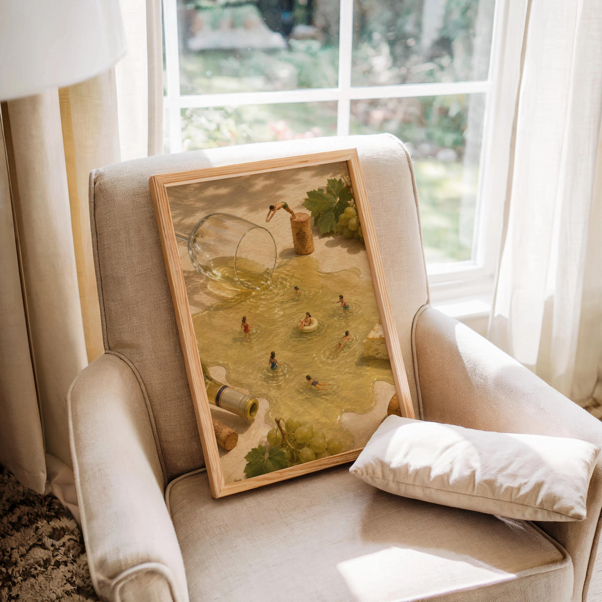 Cozy armchair with the print leaning on the seat, bright window light, surreal wine wall art featuring tiny swimmers