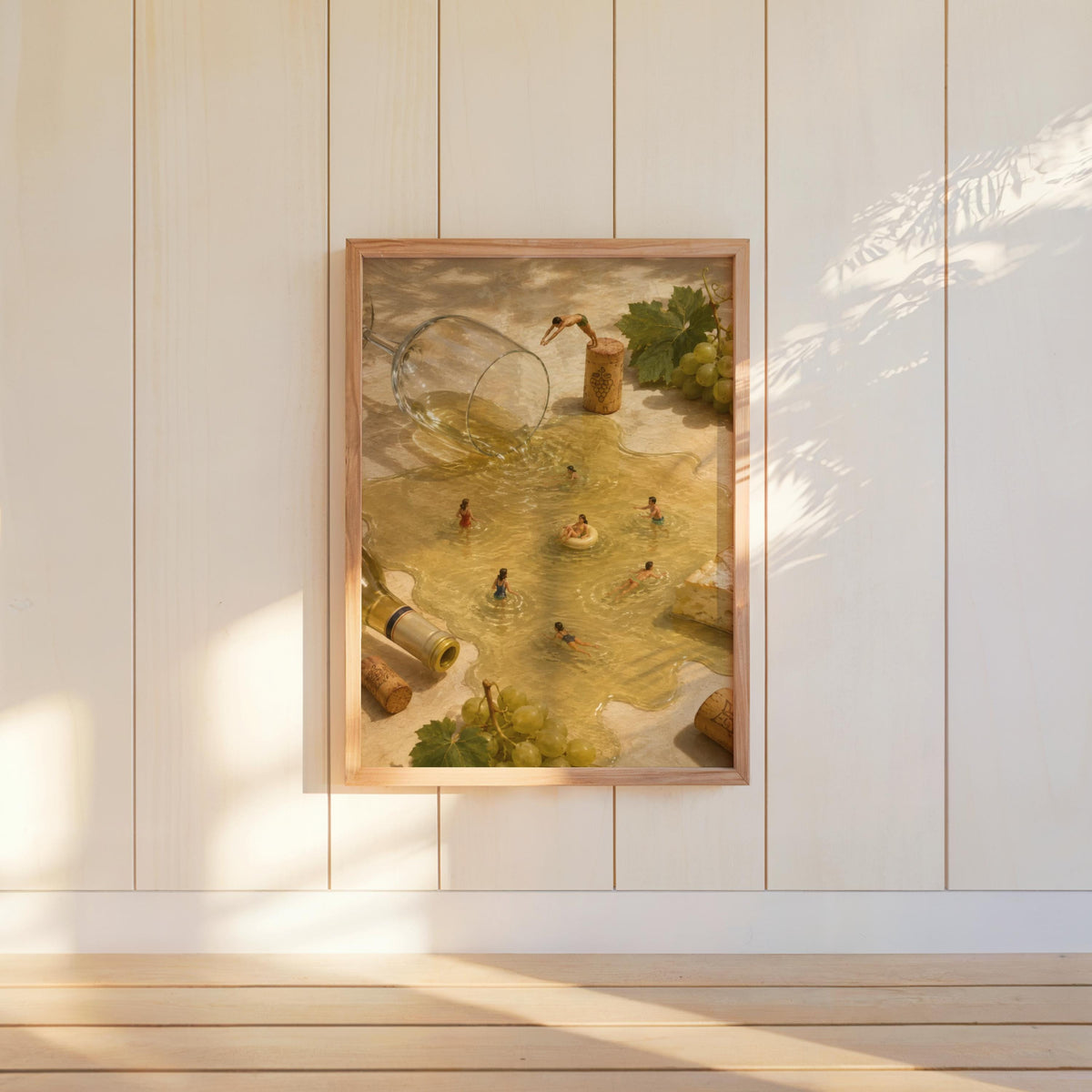 Surreal wine wall art hung on white paneled wall, painterly cream and tan hues, tiny figures floating in wine