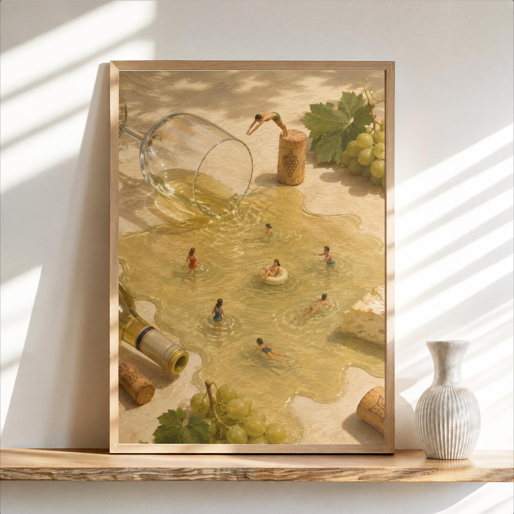 Framed portrait print leaning on a rustic shelf, cream and olive tones, surreal wine wall art with tiny swimmers