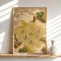 Framed portrait print leaning on a rustic shelf, cream and olive tones, surreal wine wall art with tiny swimmers