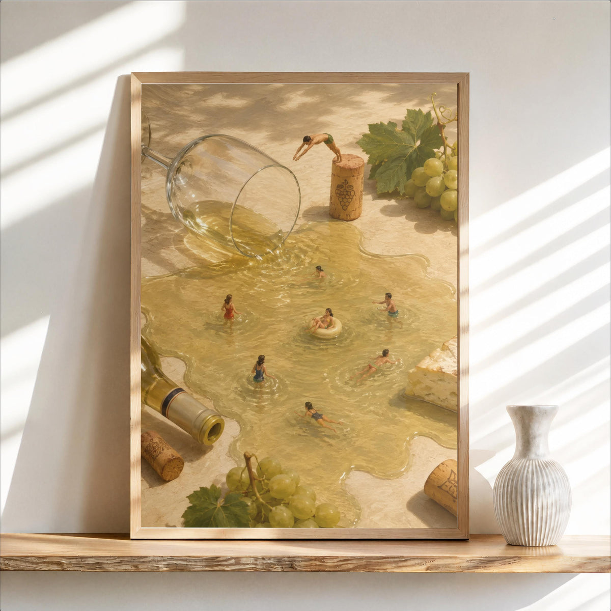 Framed portrait print leaning on a rustic shelf, cream and olive tones, surreal wine wall art with tiny swimmers