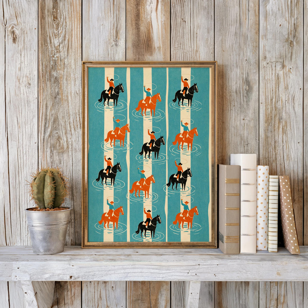 Coastal Western Striped Print, Aerial Cowboy on Horse & Lasso Wall Art, Vintage Equestrian Decor, Retro Ranch Rodeo Poster, Horse Lover Gift