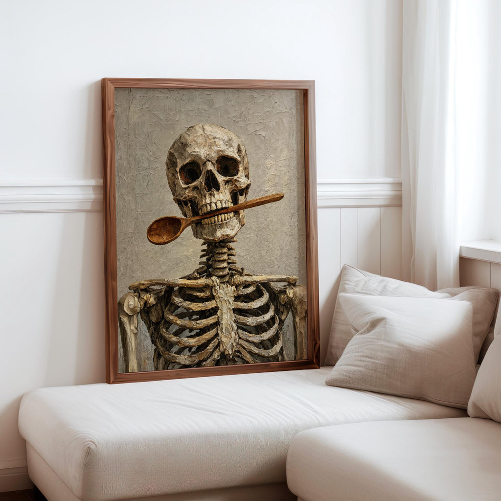 Skeleton Chef Poster, Funny Halloween Print, Skull Kitchen Decor, Macabre Cooking Painting, Quirky Gothic Creepy Cute Hanging, Autumn Gift