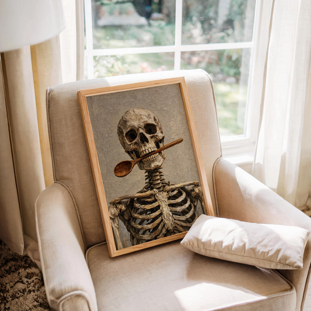 Skeleton Chef Poster, Funny Halloween Print, Skull Kitchen Decor, Macabre Cooking Painting, Quirky Gothic Creepy Cute Hanging, Autumn Gift