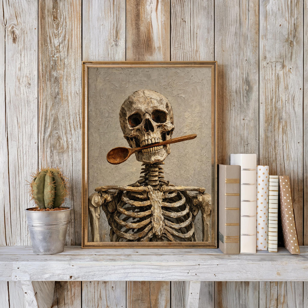Skeleton Chef Poster, Funny Halloween Print, Skull Kitchen Decor, Macabre Cooking Painting, Quirky Gothic Creepy Cute Hanging, Autumn Gift