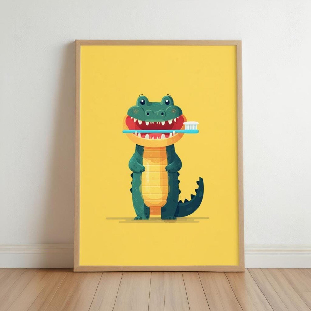 Wood-framed mustard print leaning on floor, cheerful green crocodile holding a toothbrush, kids bathroom wall art