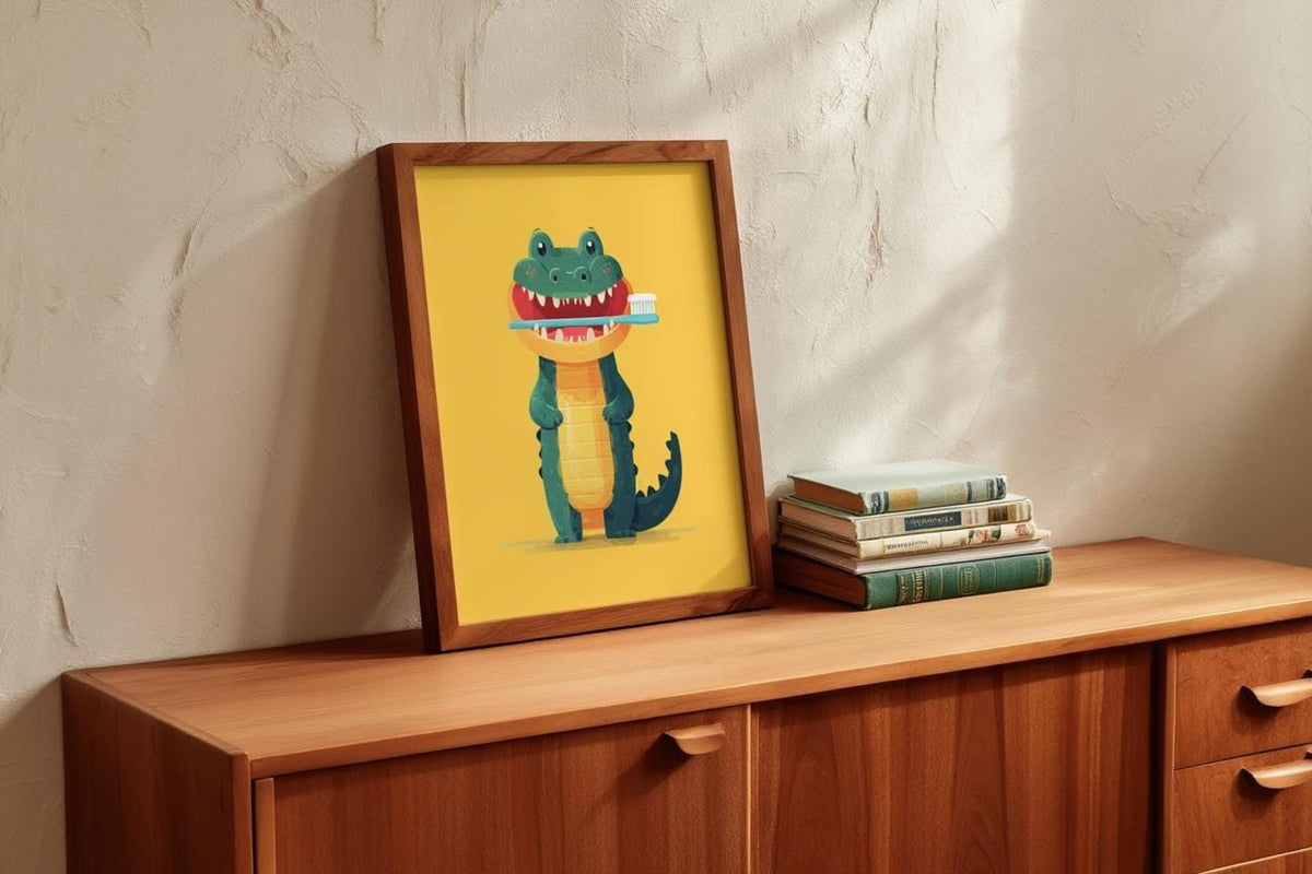 Print propped on mid-century dresser next to a small book stack, upbeat brush your teeth wall art, kids bathroom wall art vibe