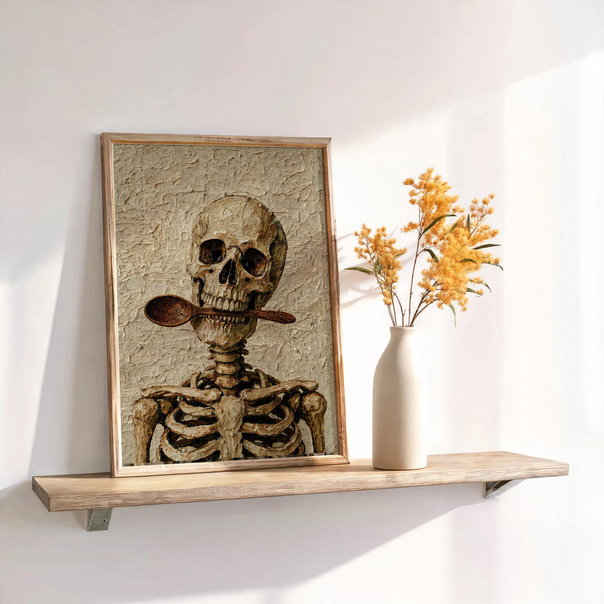 Leaning skeleton chef wall art poster on a slim shelf, dried flowers beside it, warm grainy sepia.