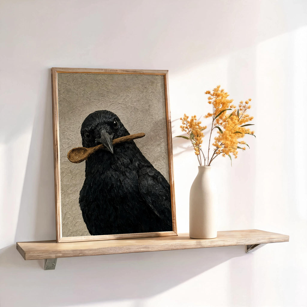 Crow Print, Funny Kitchen Poster, Halloween Spooky Bird Wall Art, Gothic Home Decor, Whimsical Creepy Cute Gift, Dark Witchy Cottage Style