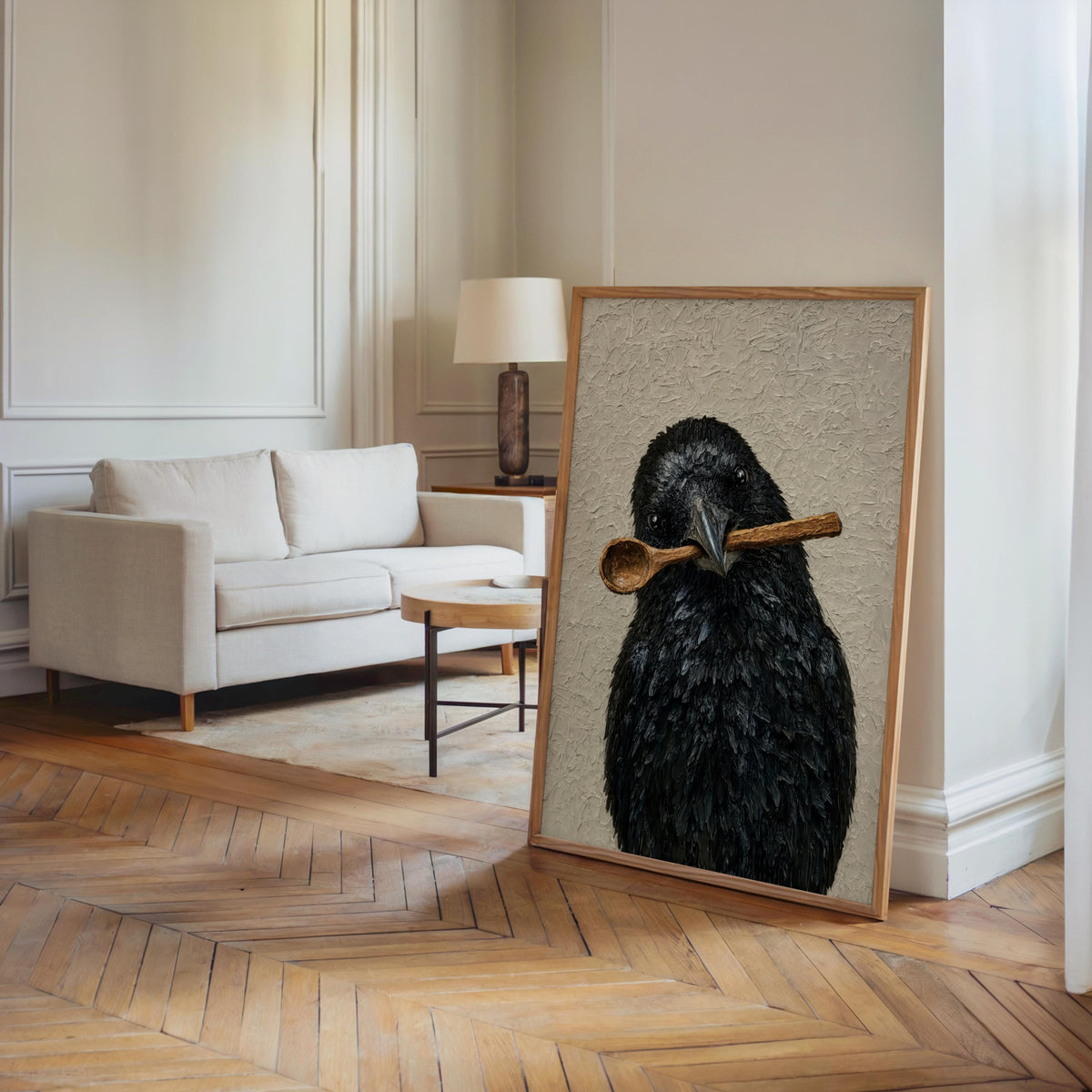 Tall framed funny crow wall art leaning in a living room corner, soft neutrals, gothic bird print energy